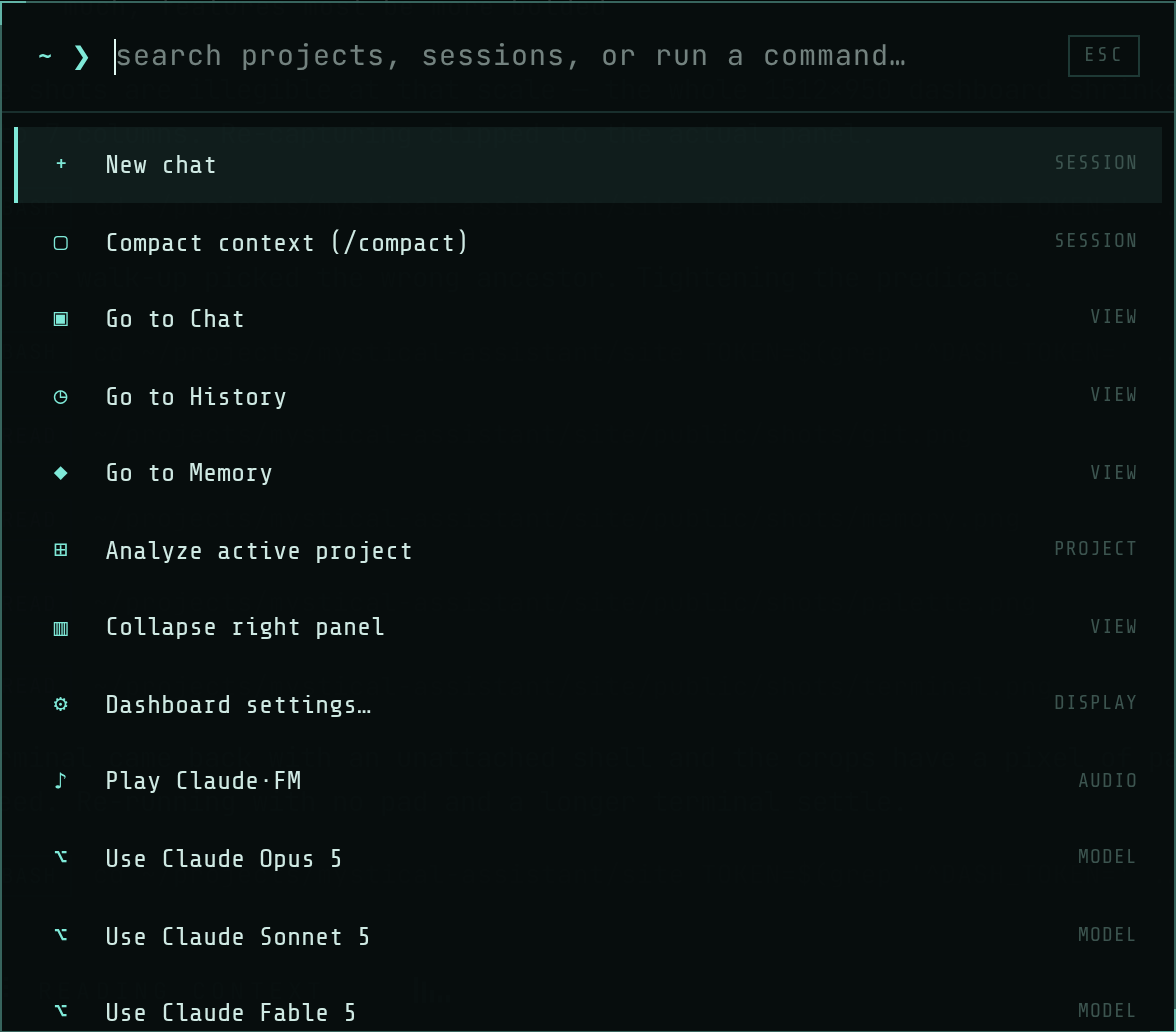 The command palette open over the dashboard, listing session, view and model commands.