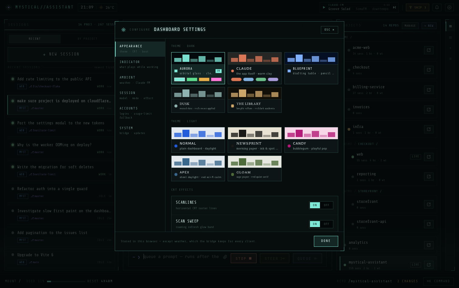 The Appearance tab: ten theme cards split into dark and light, above toggles for CRT scanlines and scan sweep.