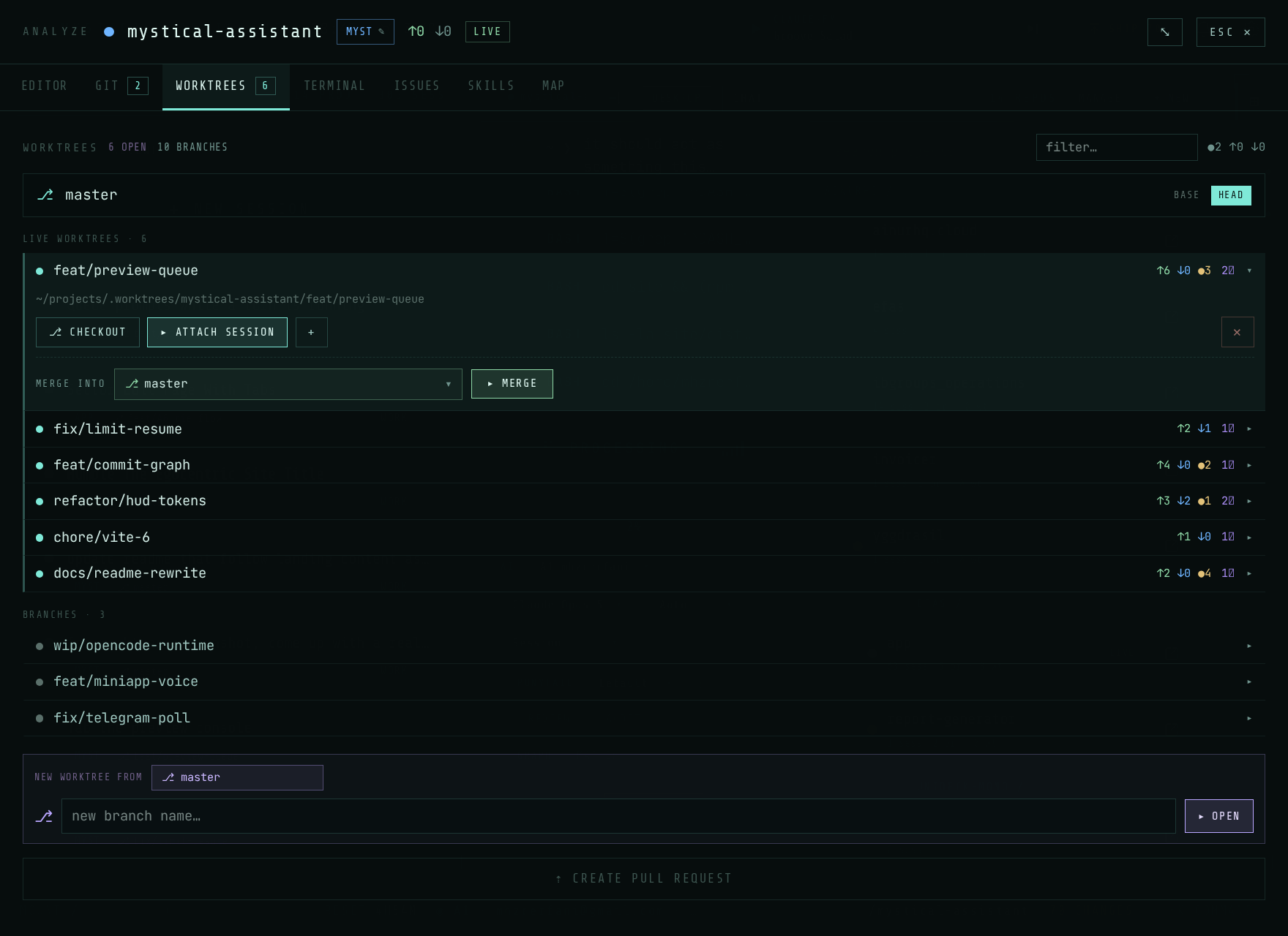 The WORKTREES tab: the base branch, the live worktrees under it, and a box to open a new branch in its own checkout.