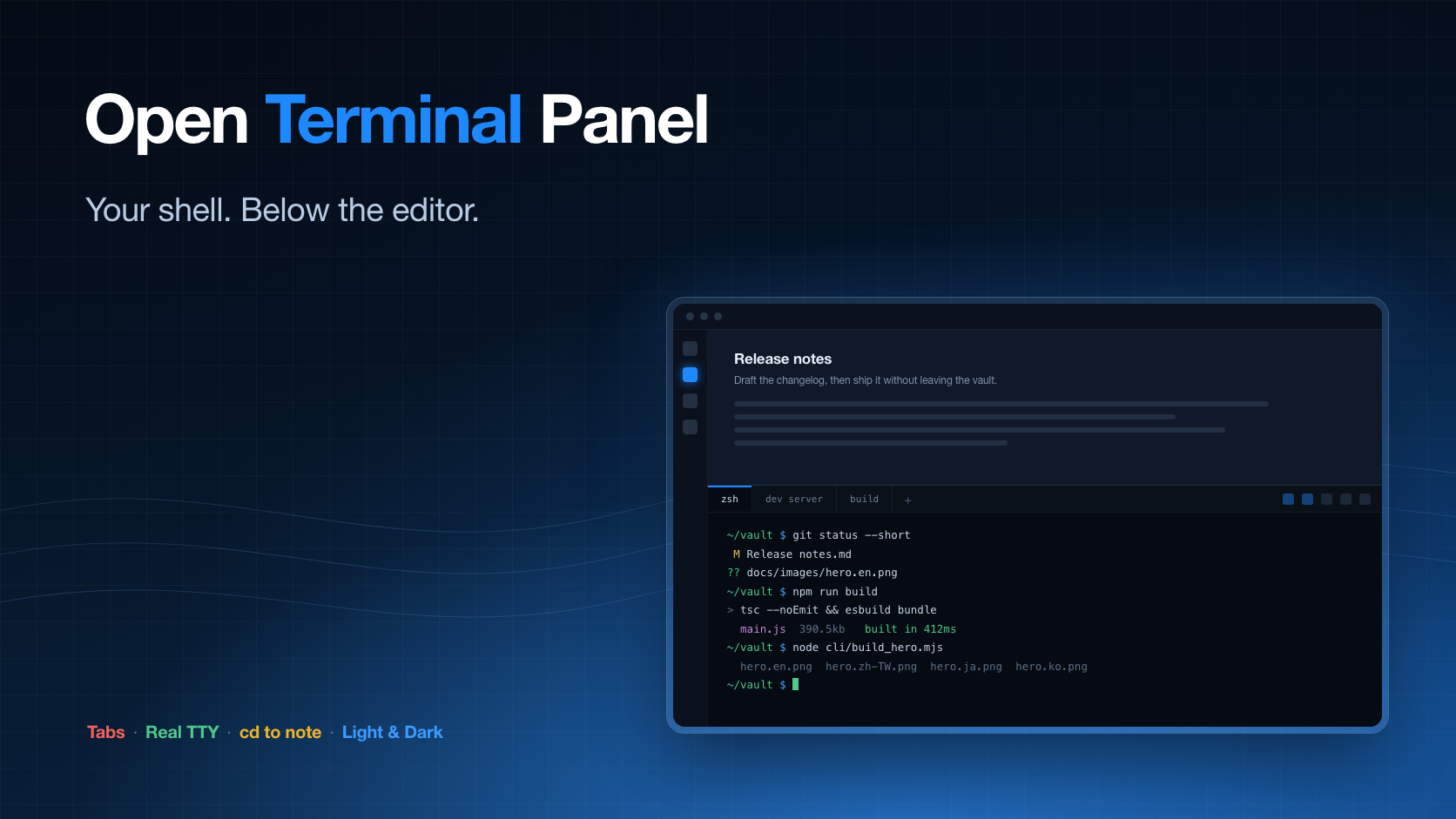 Open Terminal Panel — your shell, below the editor