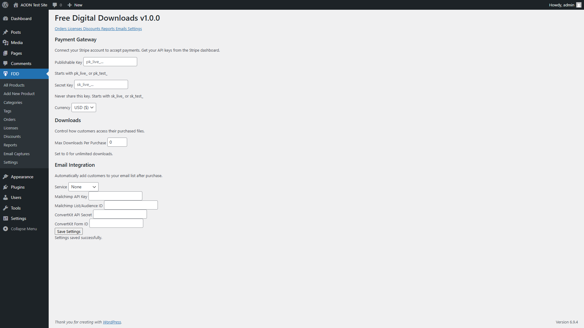 Settings page