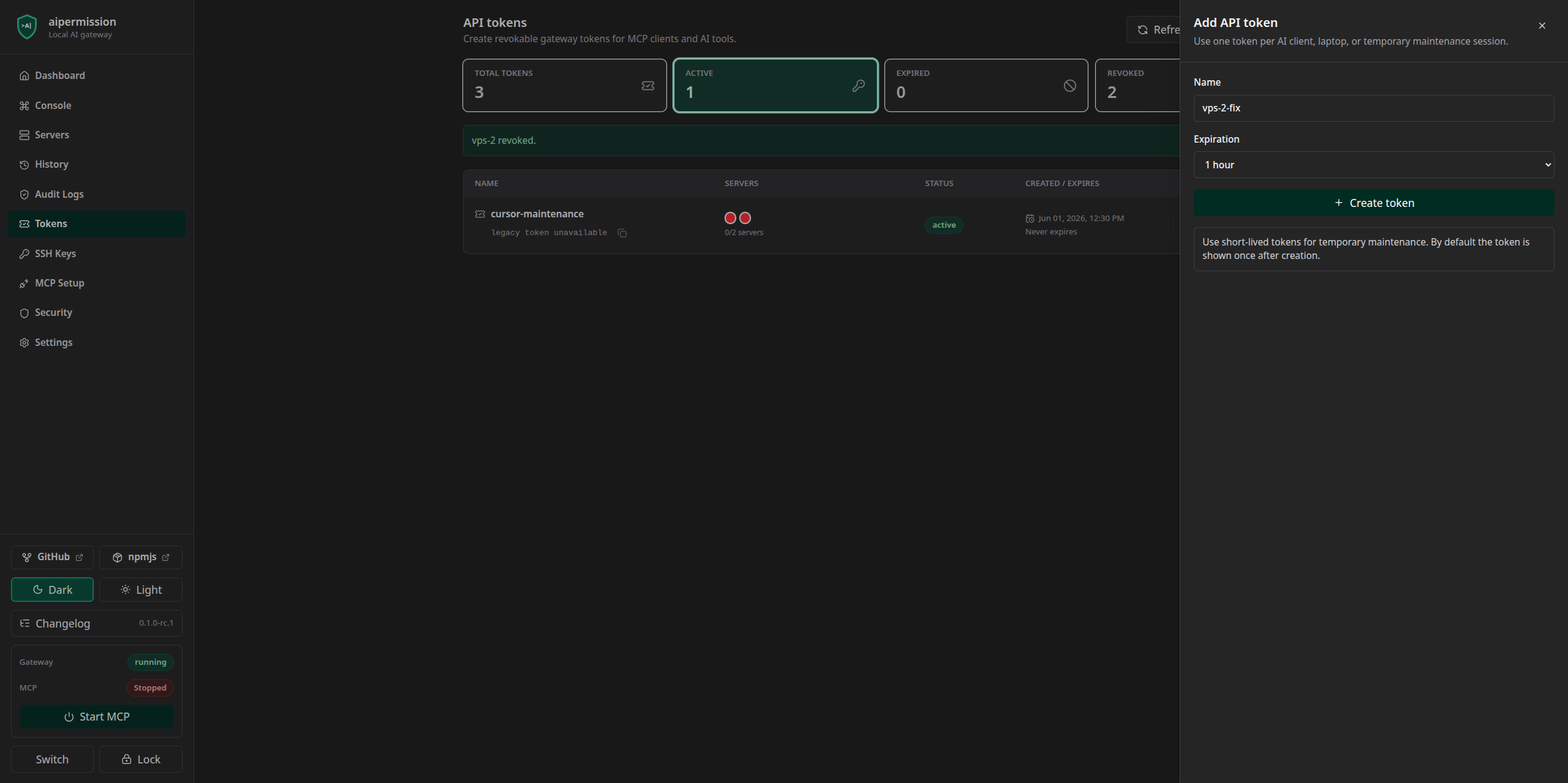AIPermission token page with connector action permission controls and token creation drawer