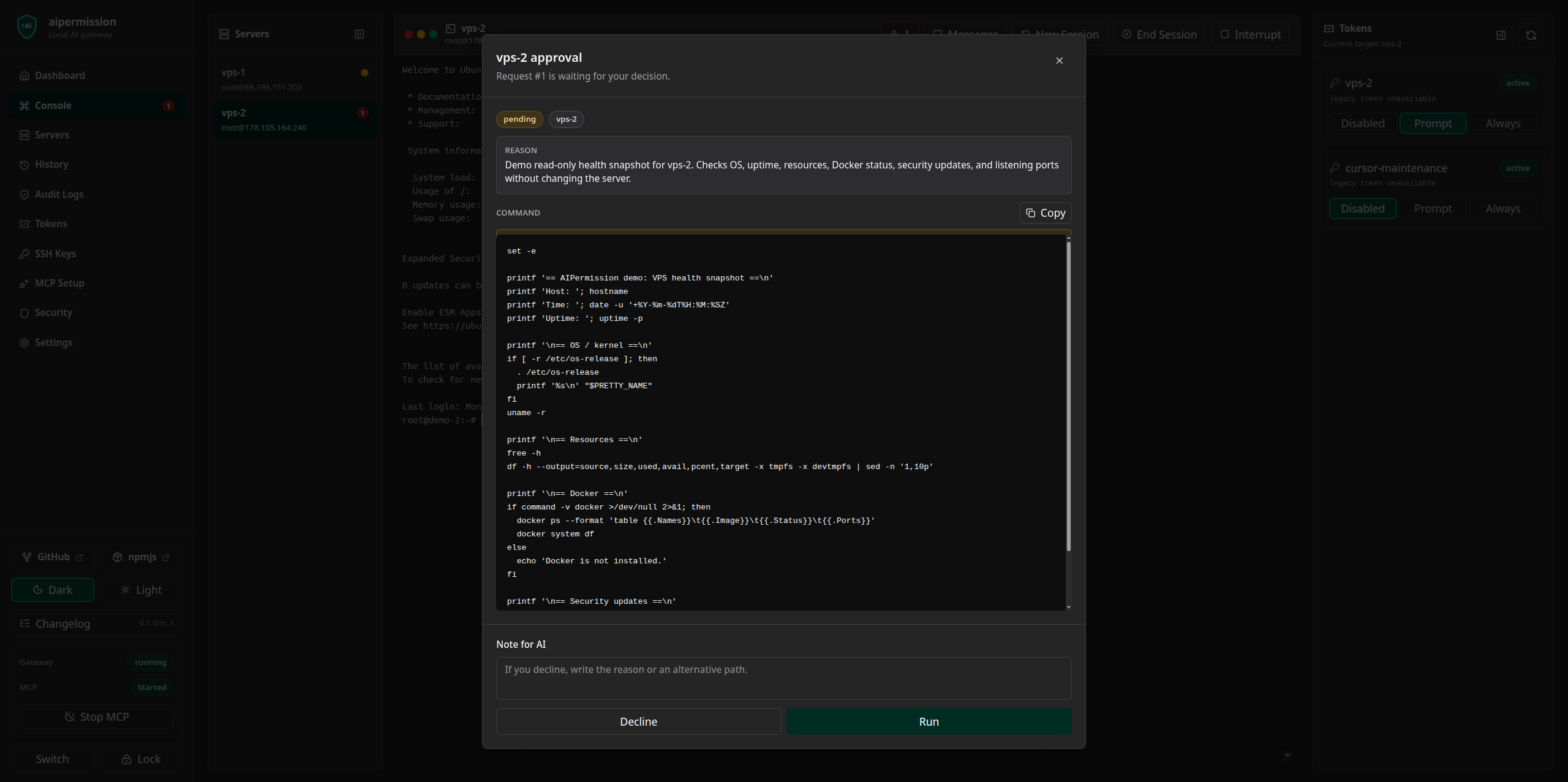 AIPermission approval prompt before running a read-only VPS health snapshot