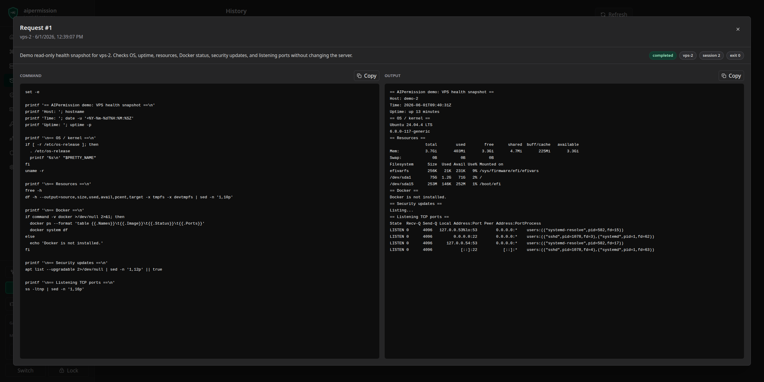 AIPermission history detail showing command and output side by side