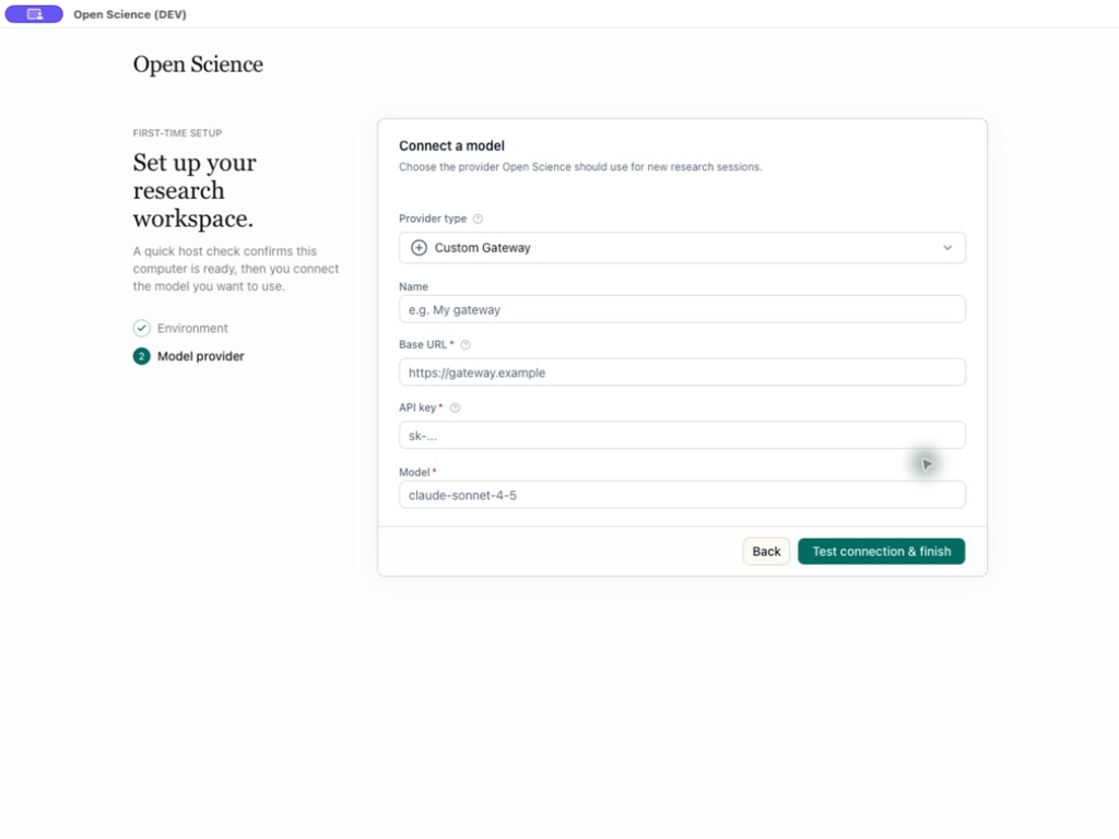 First-run model provider configuration in Open Science