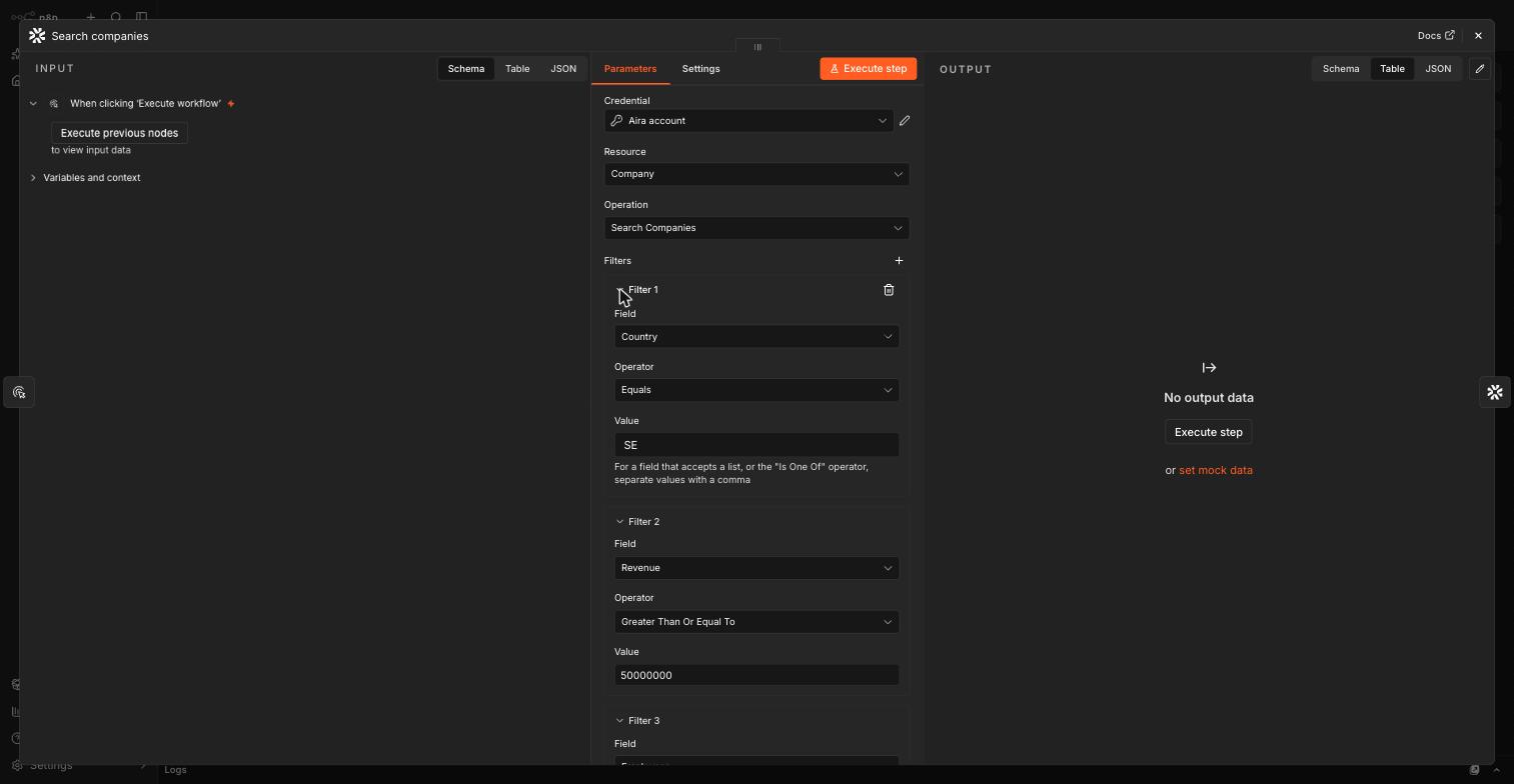 Search Companies filter panel with three real predicate rows: Country equals SE, Revenue greater than or equal to 50000000, Employees greater than or equal to 250