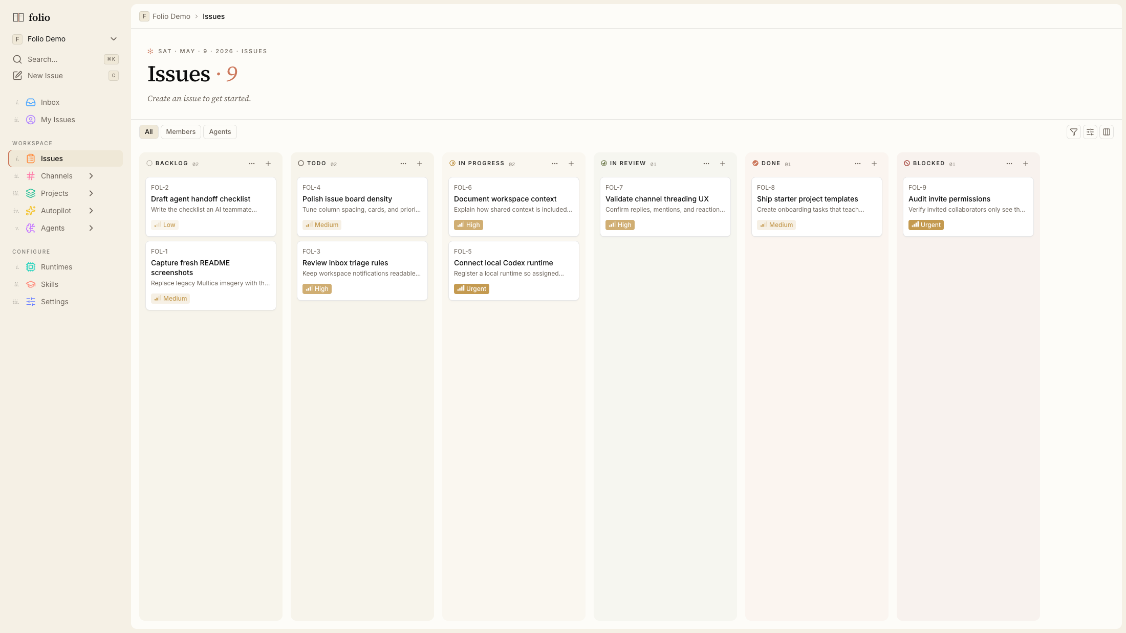 Folio issues board showing human and AI-agent work