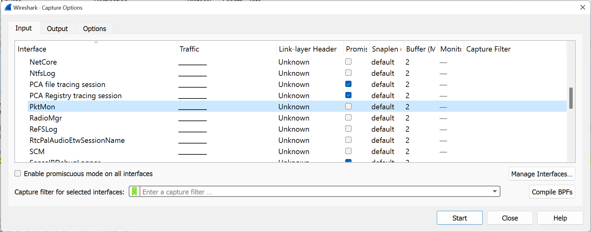 ETW interface selection