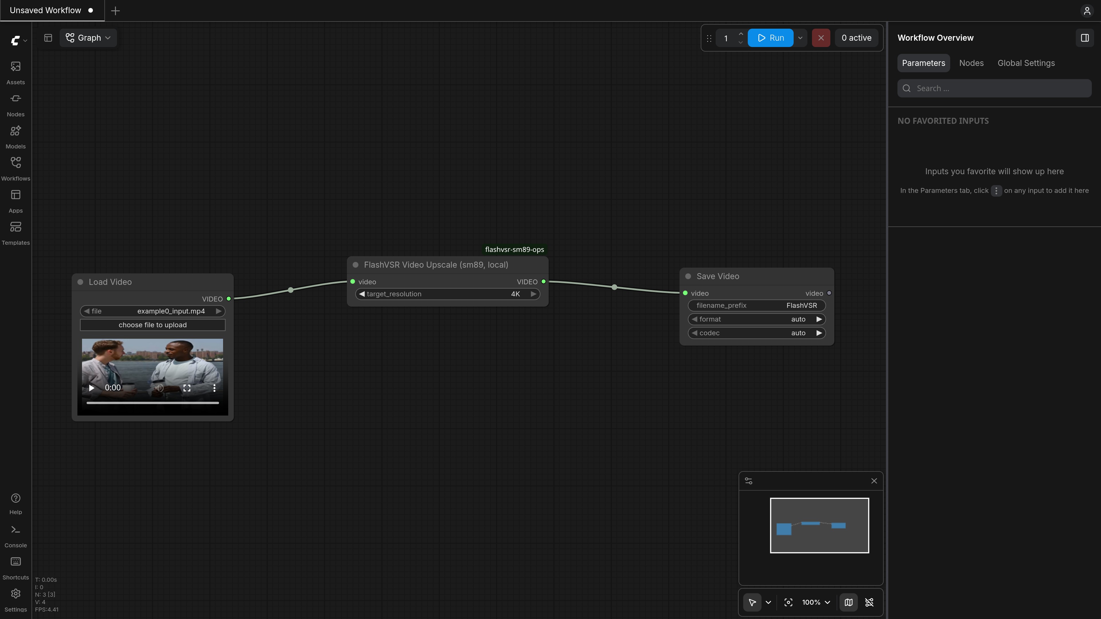 The whole workflow: Load Video → FlashVSR Video Upscale (sm89, local) → Save Video