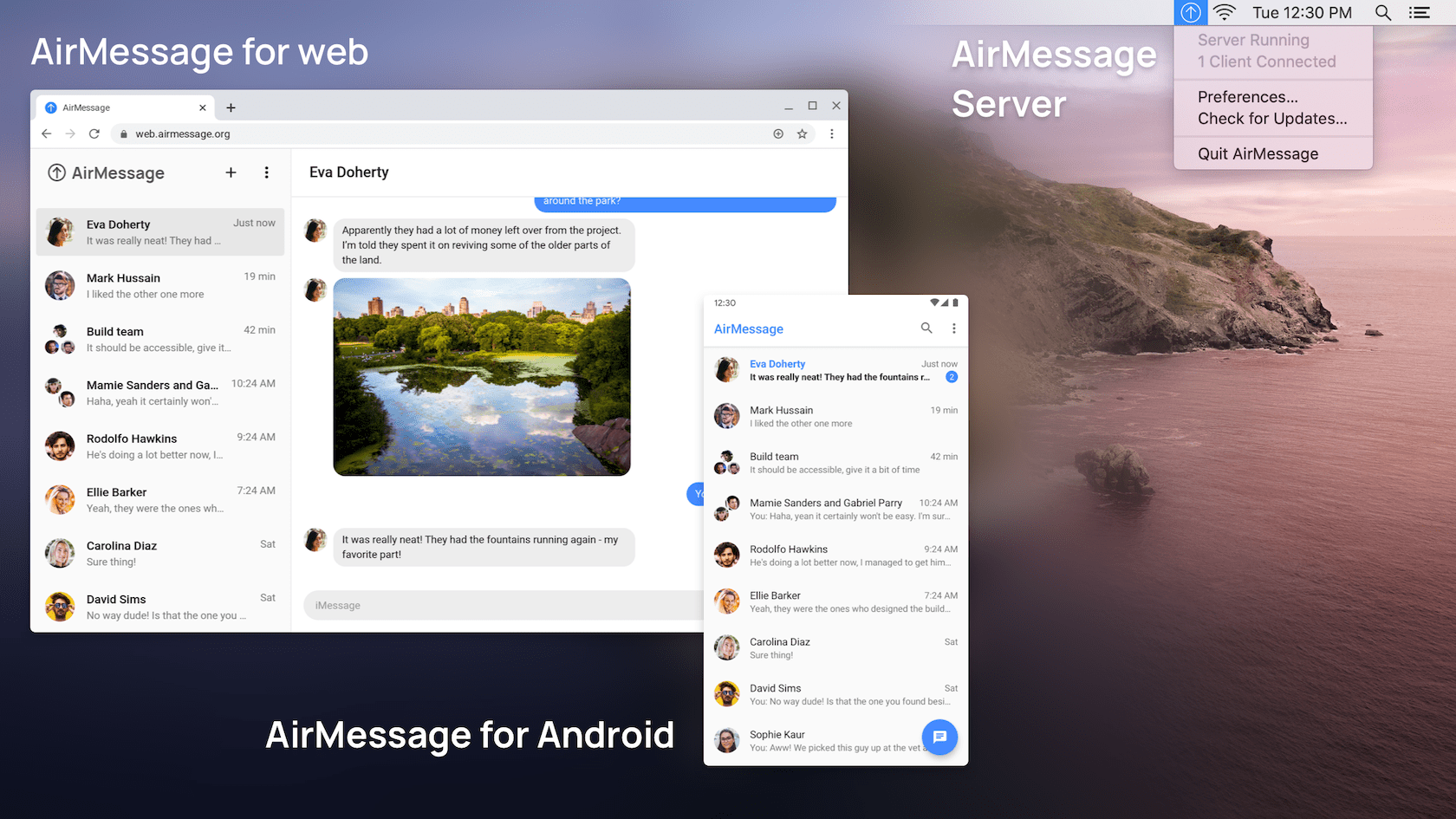 AirMessage for Android and AirMessage for web connected to AirMessage Server