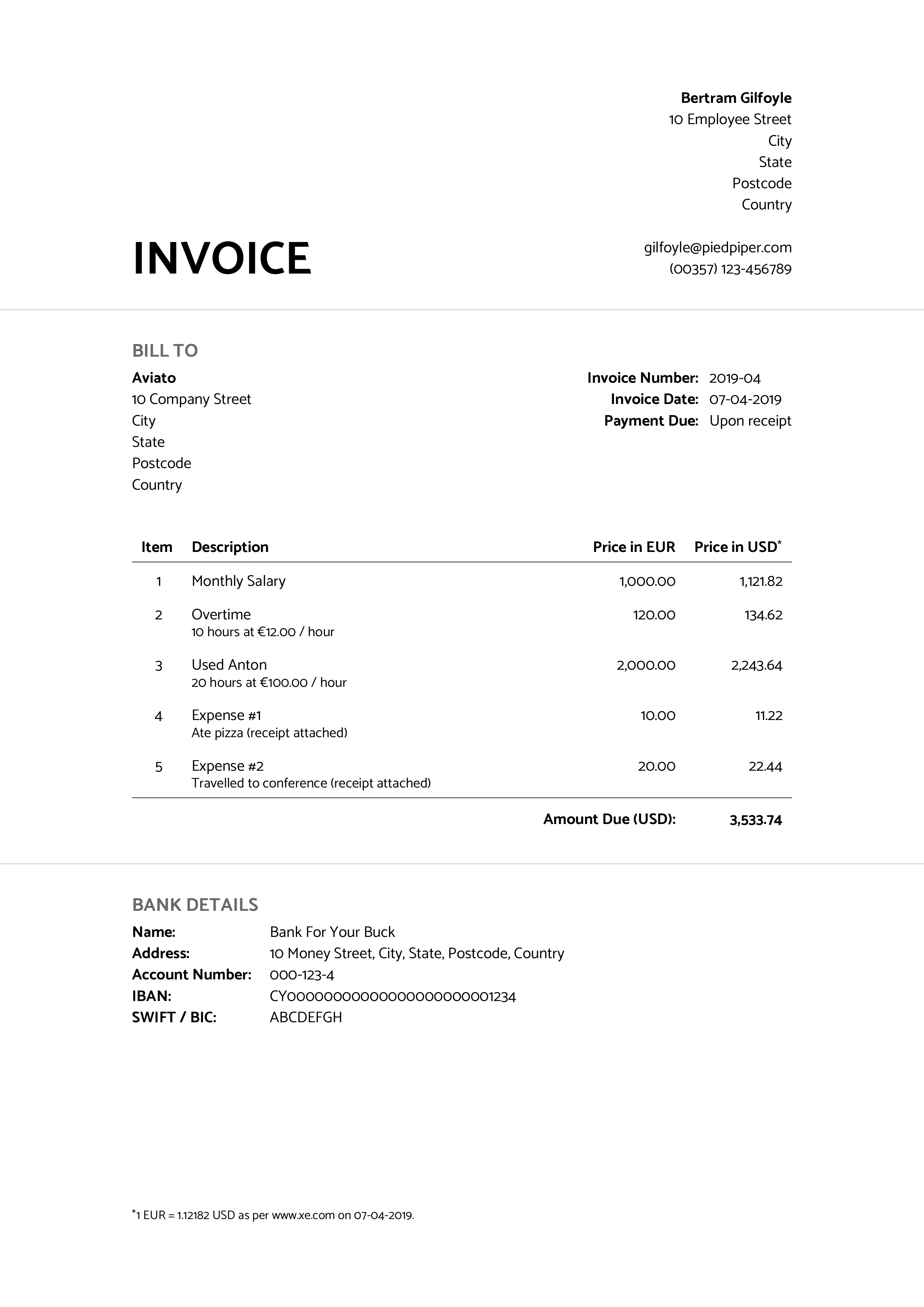 Example invoice using the Catamaran font and EUR-USD currency conversion