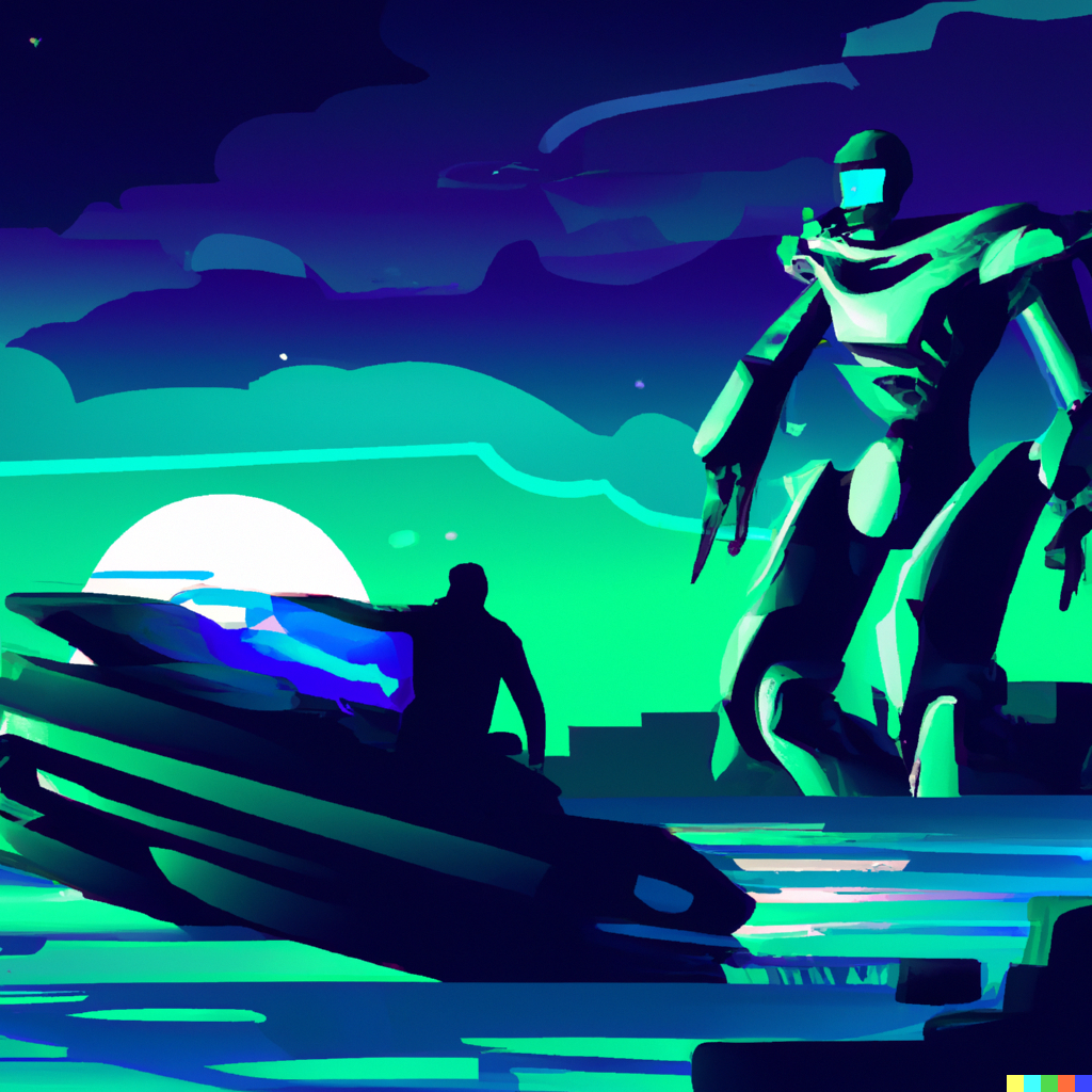 A speedboat stopped by a futuristic cyborg, cyberpunk style.