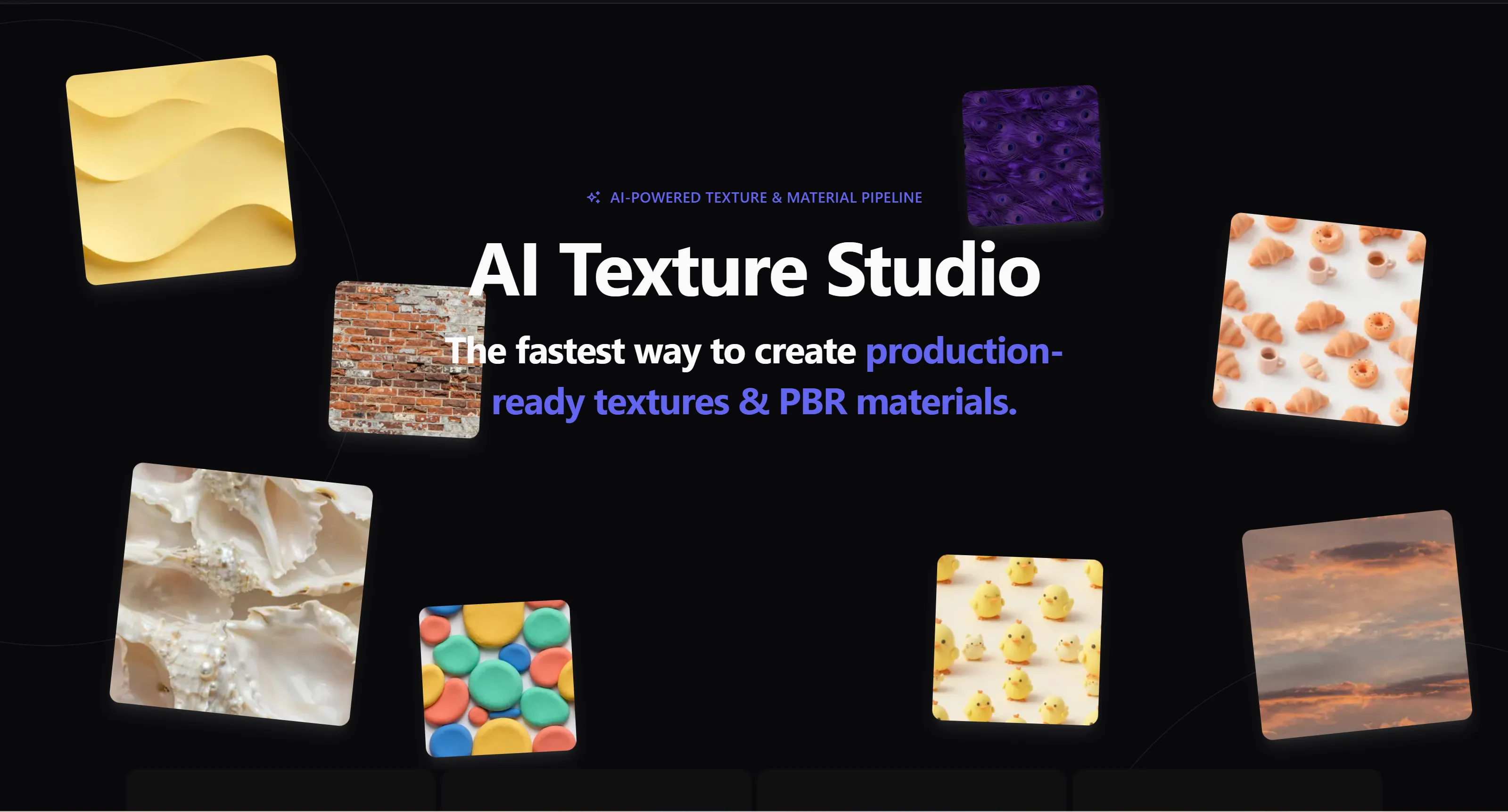 AI Texture Studio homepage showing generated textures and production-ready PBR materials