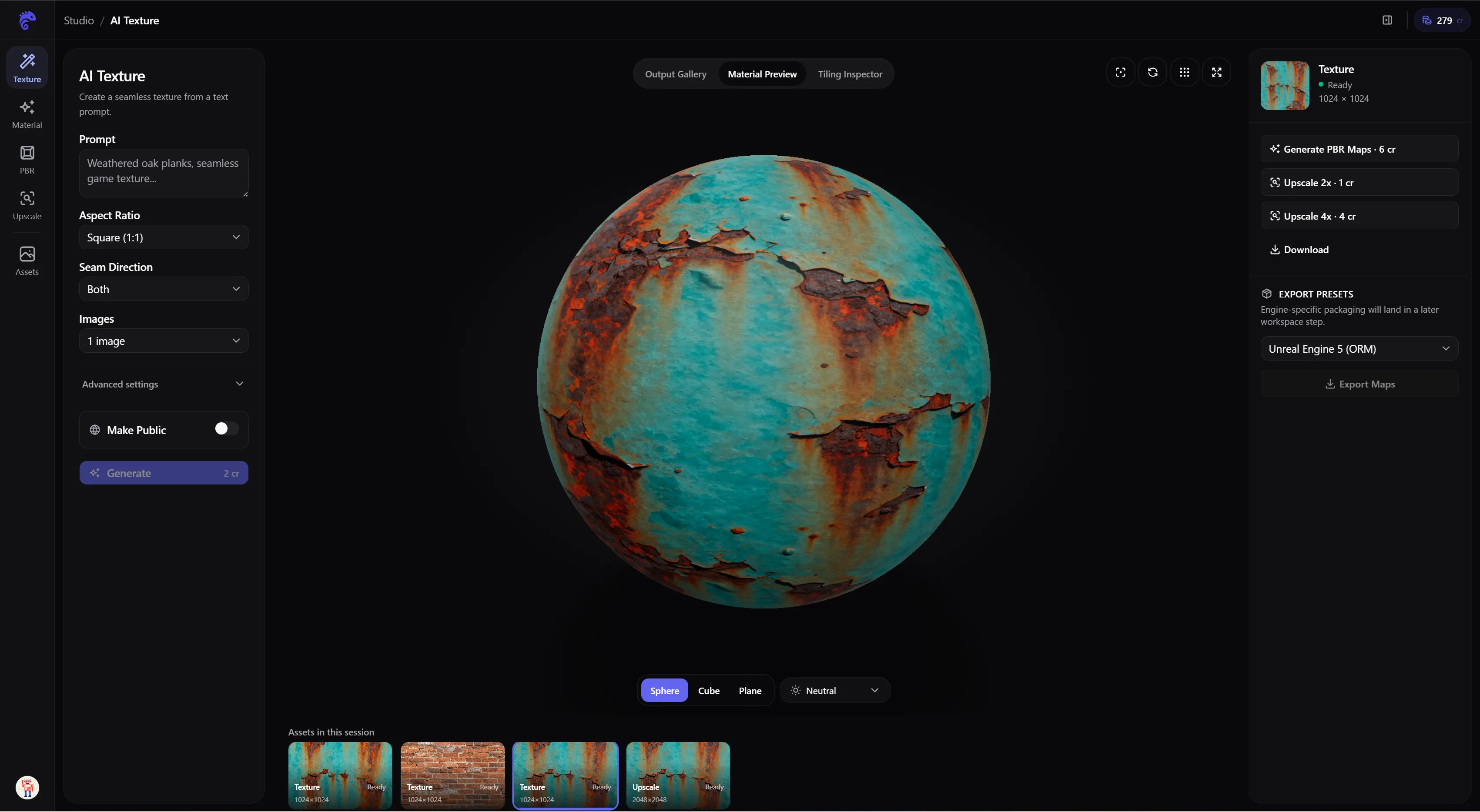 AI Texture Studio 3D material preview on a sphere