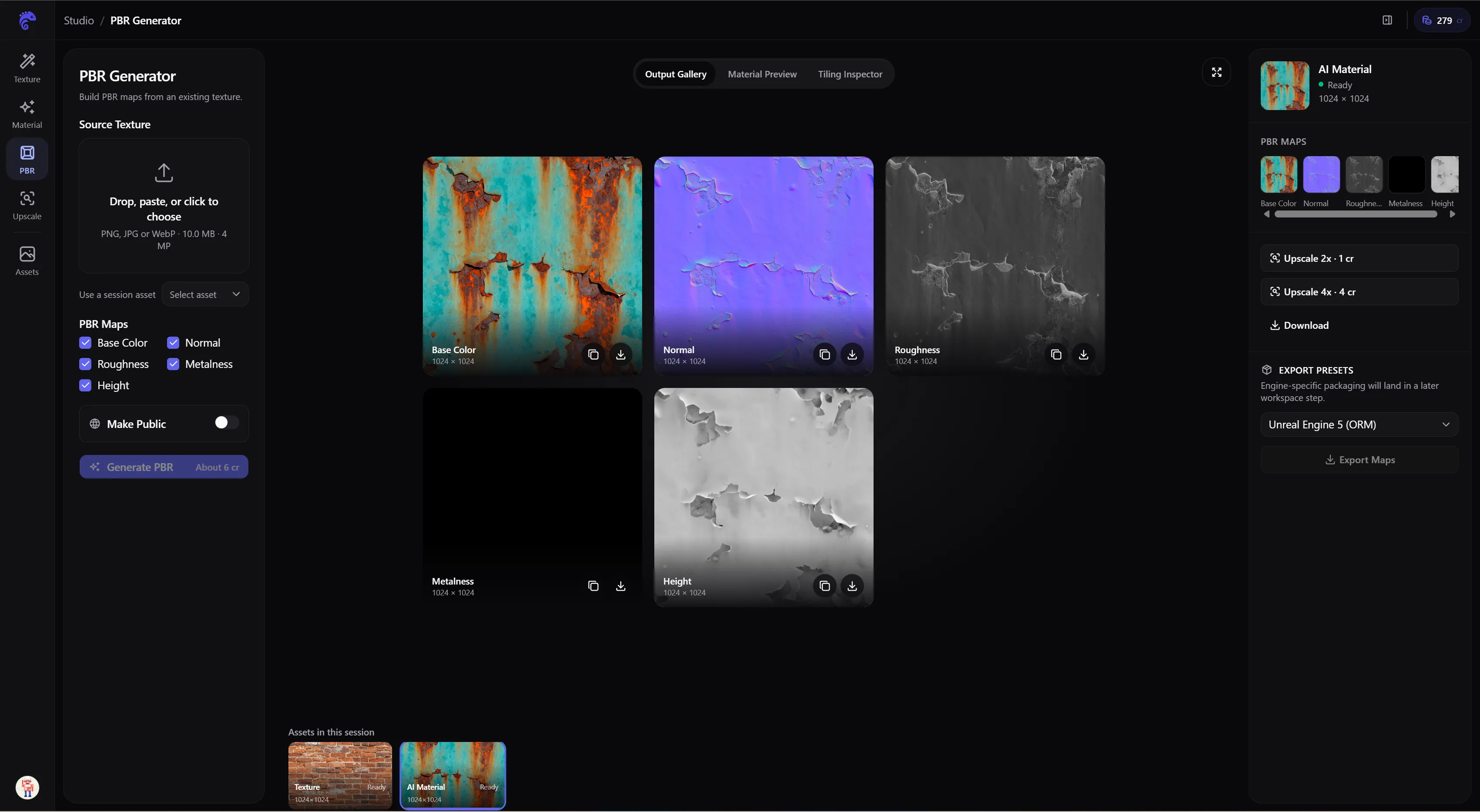 AI Texture Studio PBR generator showing base color, normal, roughness, metalness, and height maps