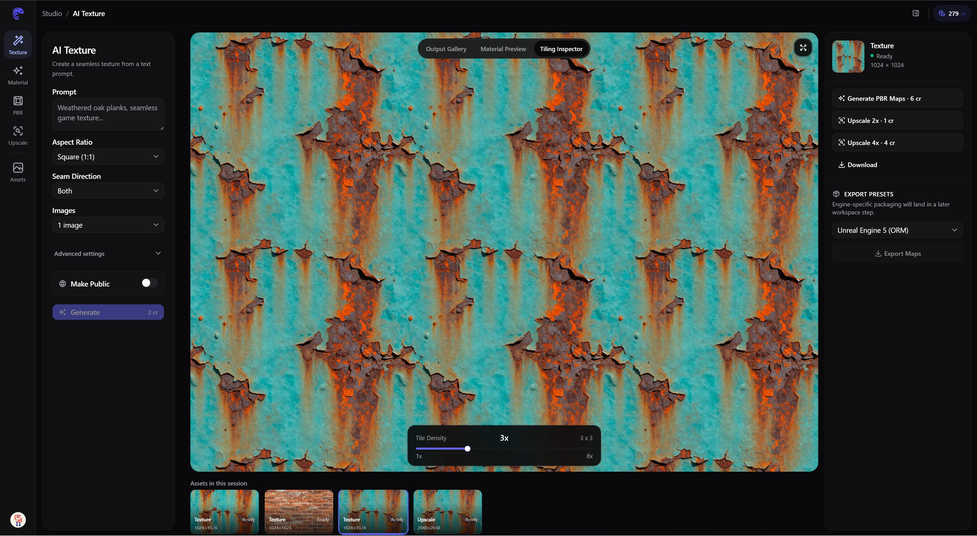 AI Texture Studio tiling inspector displaying a seamless rusted metal texture