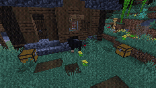 Player picks up chest near sheep, walks slowly, places it into double chest formation