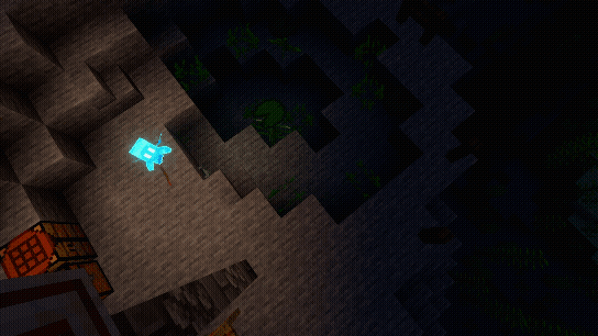 Top-down view: player throws concrete powder into water pool, allay nearby, powder converts to concrete