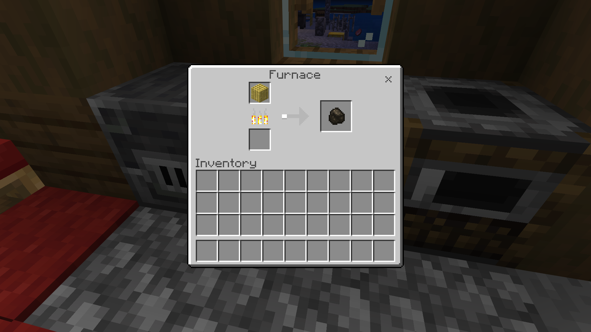 Smelting stripped bamboo block to charcoal in furnace