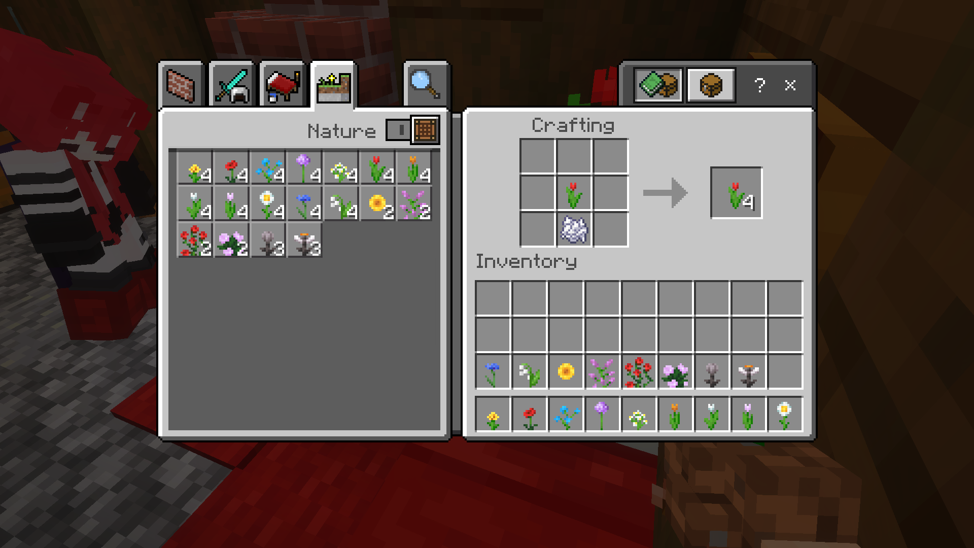 Combining Red Tulip and Bone Meal to x4 Red Tulips in Inventory