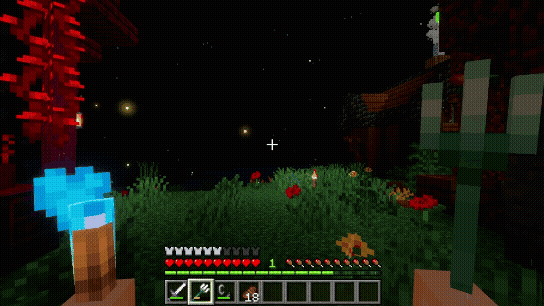 First-person view. The player is holding a Trident in the main hand and a Soul Torch in the offhand. They double-sneak, causing the Trident and Soul Torch to swap places, while another player walks across the screen.
