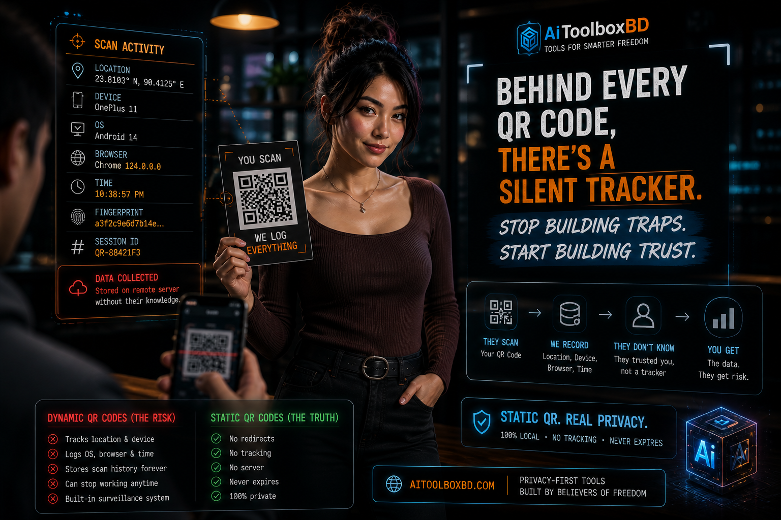 QR code surveillance trap &mdash; how free QR generators track every scanner without consent