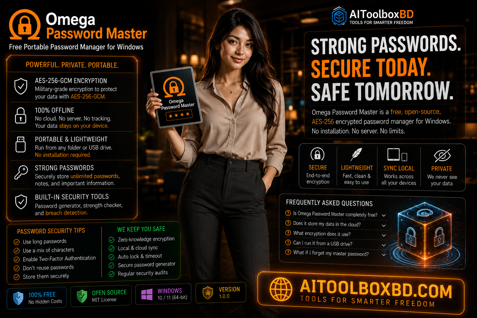 Omega Password Master — free portable password manager banner showing AES-256-GCM encrypted local vault for Windows