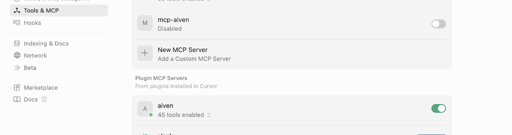 Enable aiven MCP server in Cursor