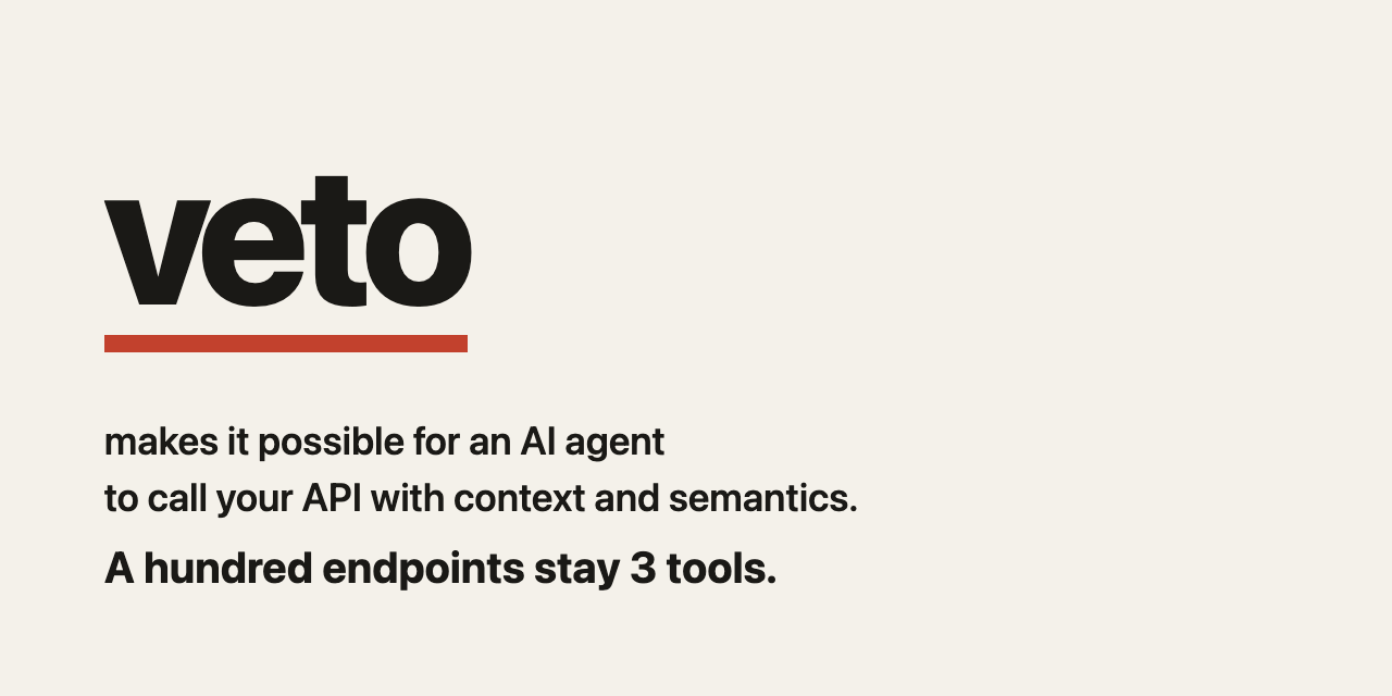 veto makes it possible for an AI agent to call your API with context and semantics. A hundred endpoints stay 3 tools.
