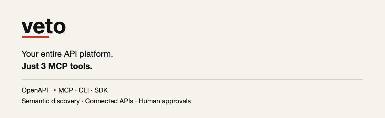 veto makes it possible for an AI agent to call your API with context and semantics. A hundred endpoints stay 3 tools.
