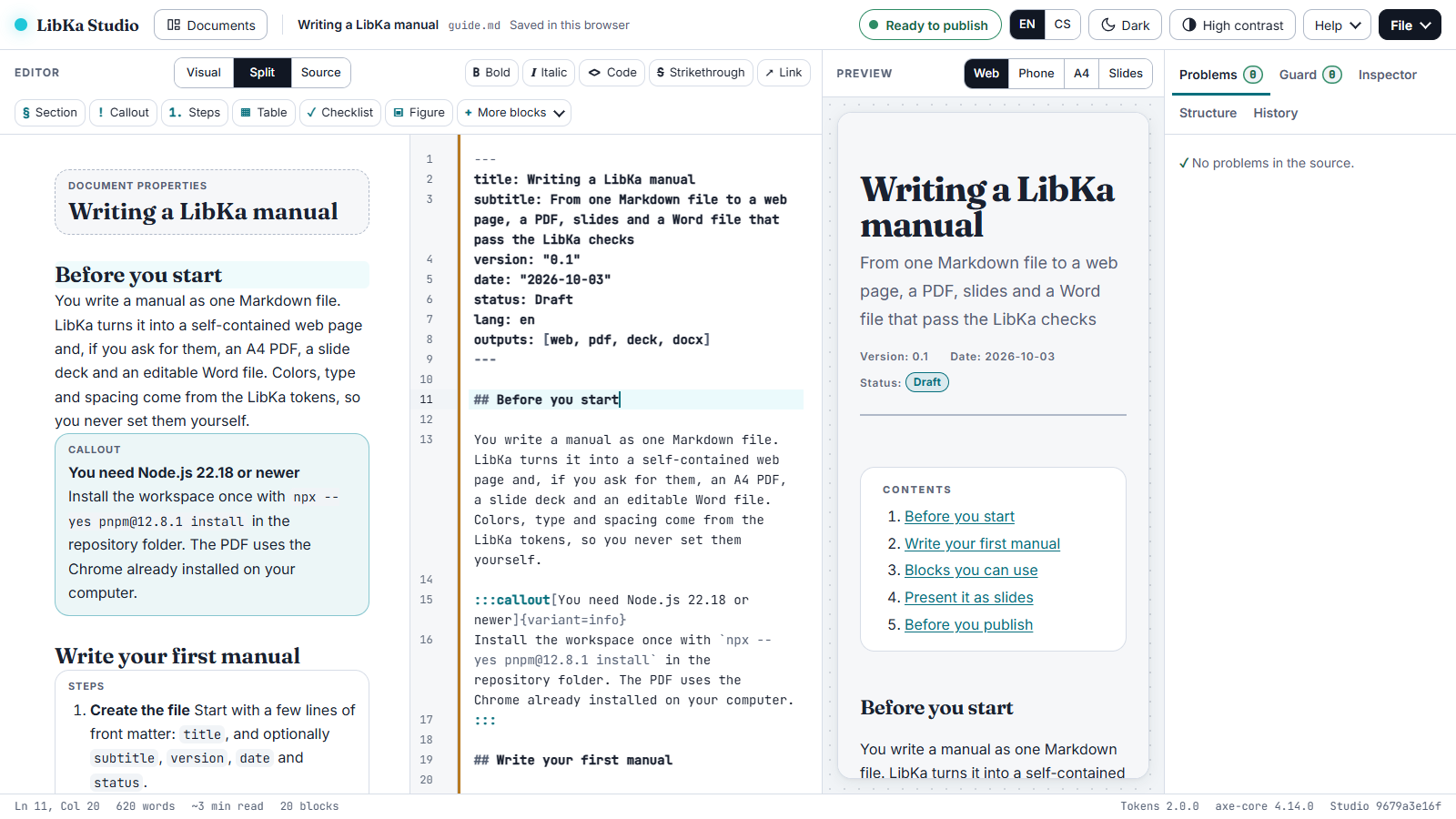 LibKa Studio in Split mode: the visual editor, the Markdown source and the live preview side by side, with no problems found