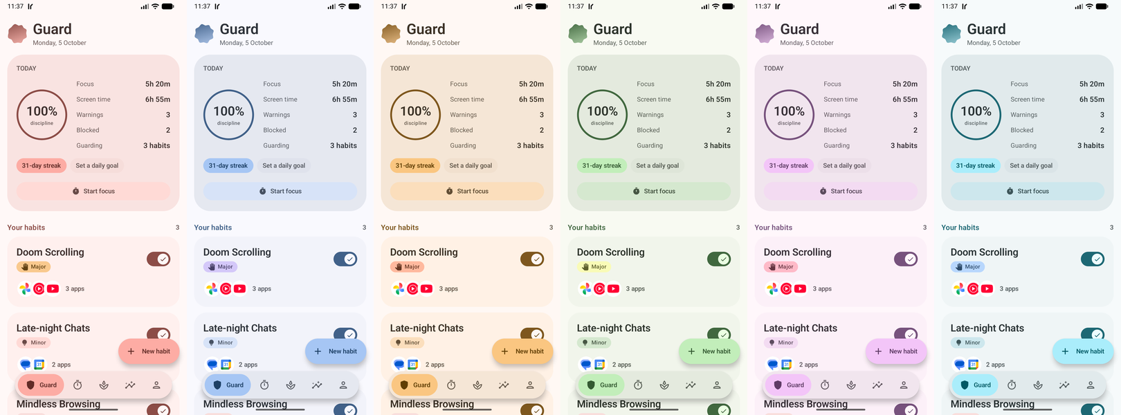 Guard in six dynamic color palettes