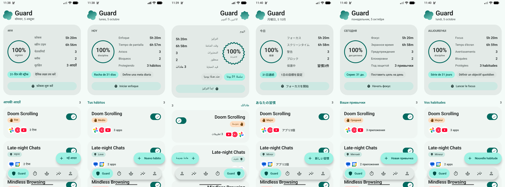 Guard in Hindi, Spanish, Arabic, Japanese, Russian and French