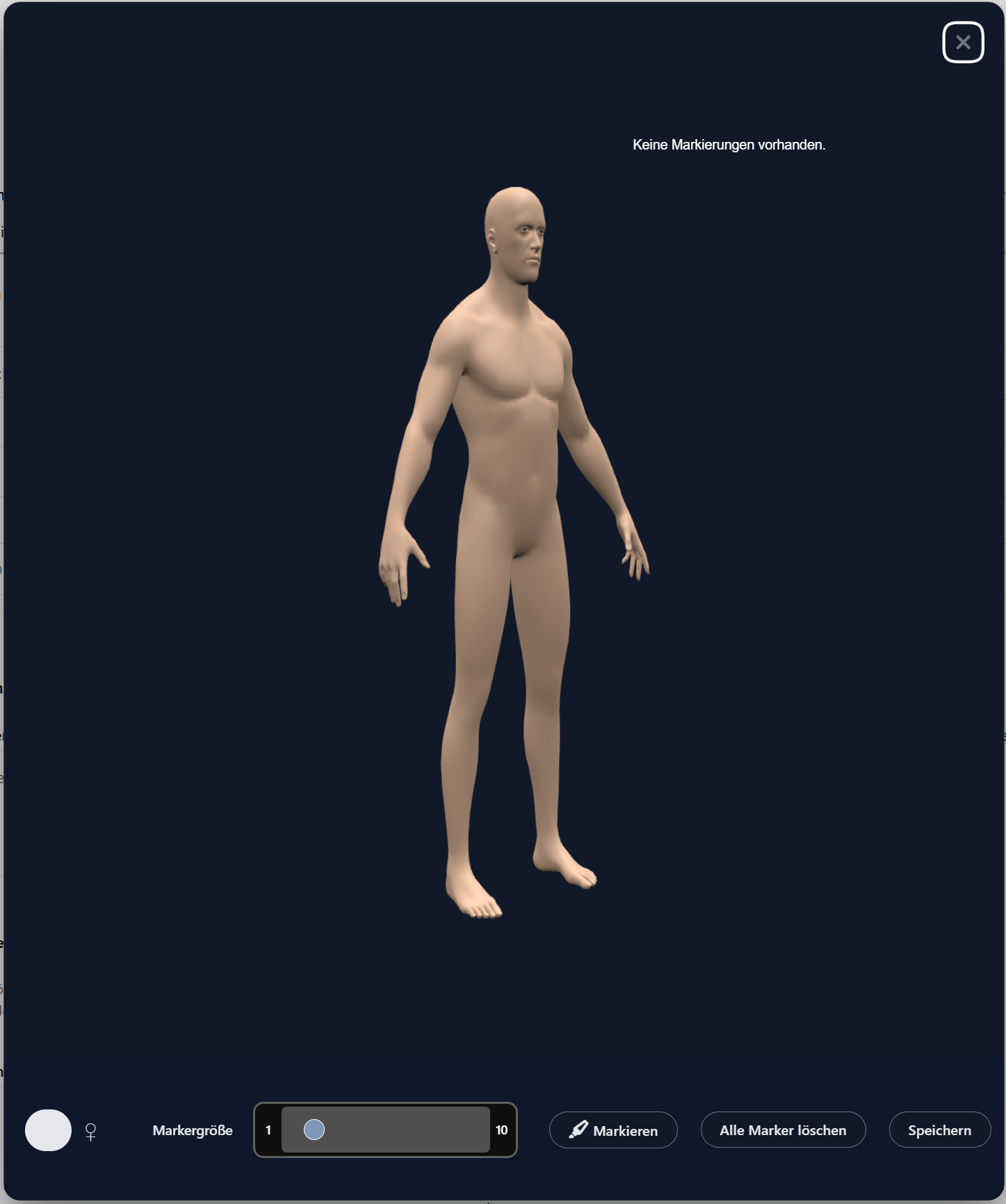 PainTracker modal with 3D body model and toolbar