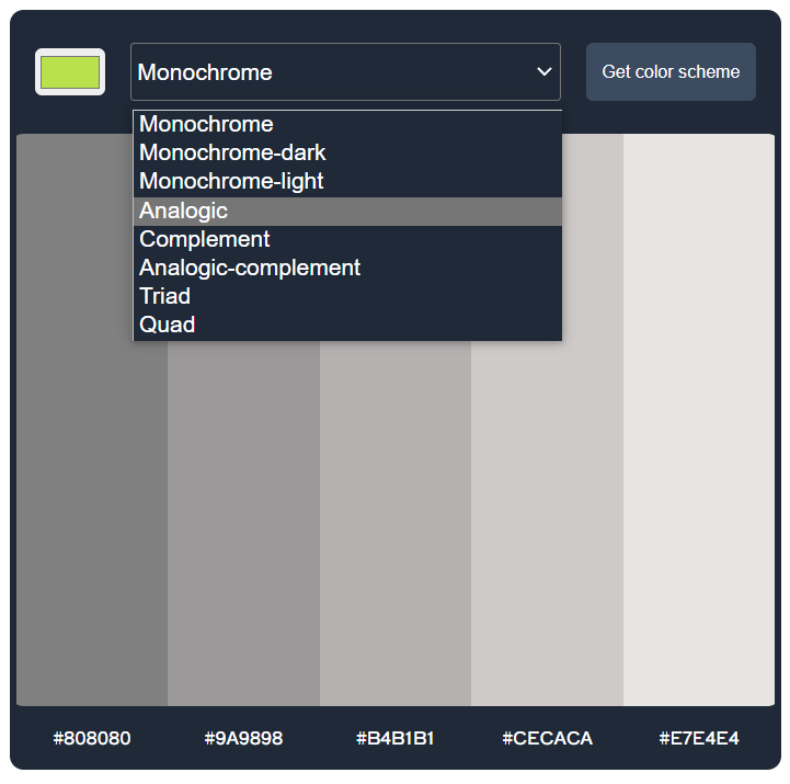 Image of scheme modes from a dropdown list