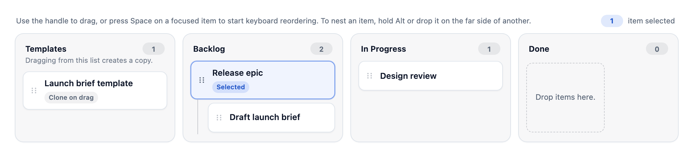 A board with four lists: Templates, Backlog with a nested item, In Progress and Done, each holding draggable cards with a drag handle