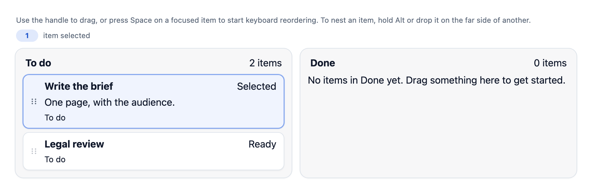 Two lists with custom markup: a header showing the item count, cards showing Selected or Ready, and a custom message in the empty list