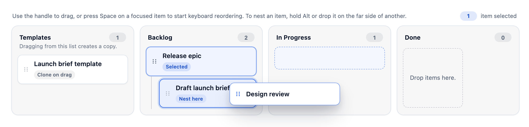 The board while an item is dragged: the card is lifted under the pointer, its place in Backlog is an empty dashed slot, and a blue line in In Progress shows where it will land