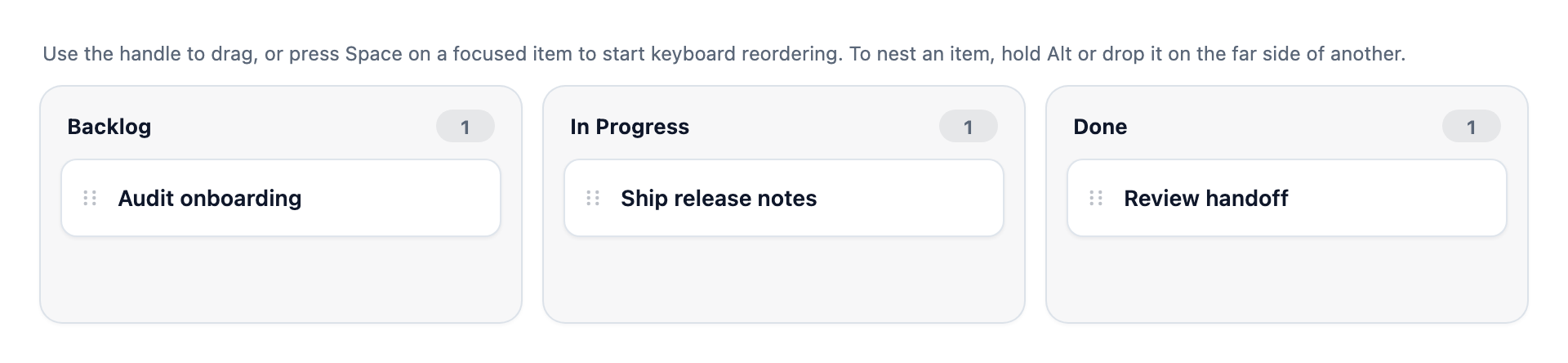 Three lists, Backlog, In Progress and Done, each with one card