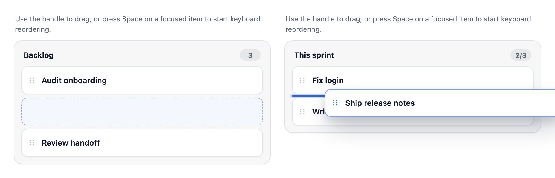Two sortables side by side: a card of the Backlog is held over This sprint, which marks with a blue line the place between its cards where it would land