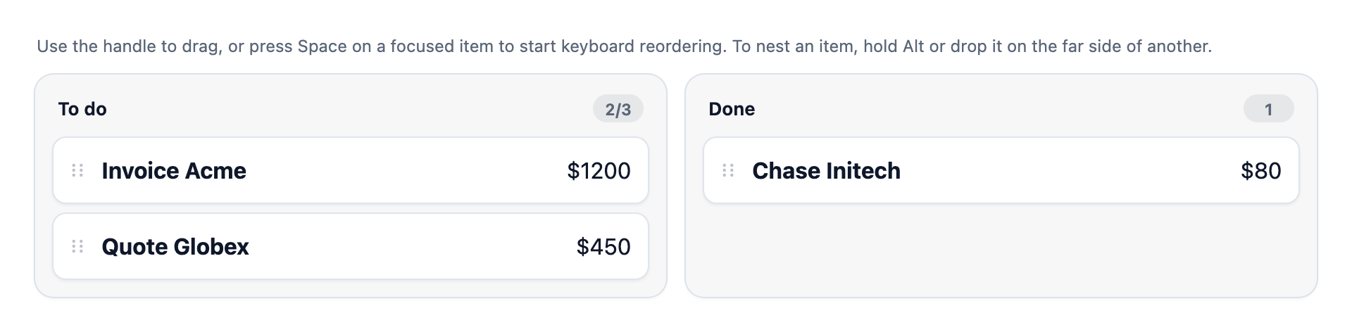Two lists whose cards were drawn by a JavaScript function, each showing a name and an amount, and a To do header counting 2/3