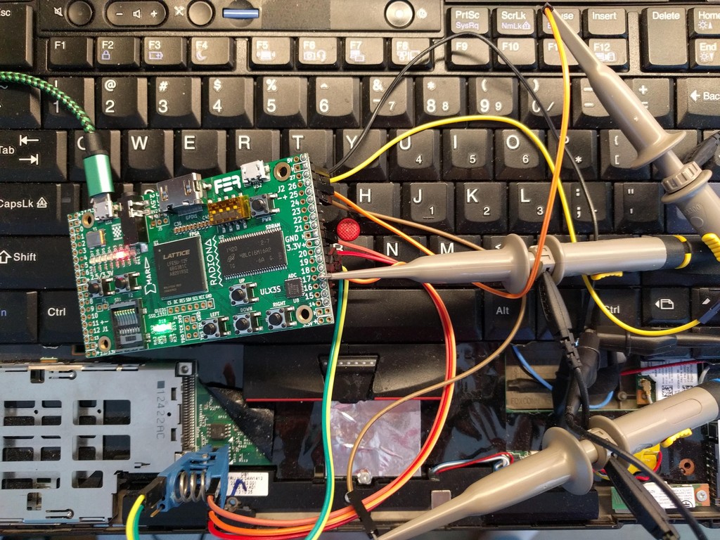 ULX3S connected to SPI flash with a 8-SOIC clip and debugged with oscilloscope probes