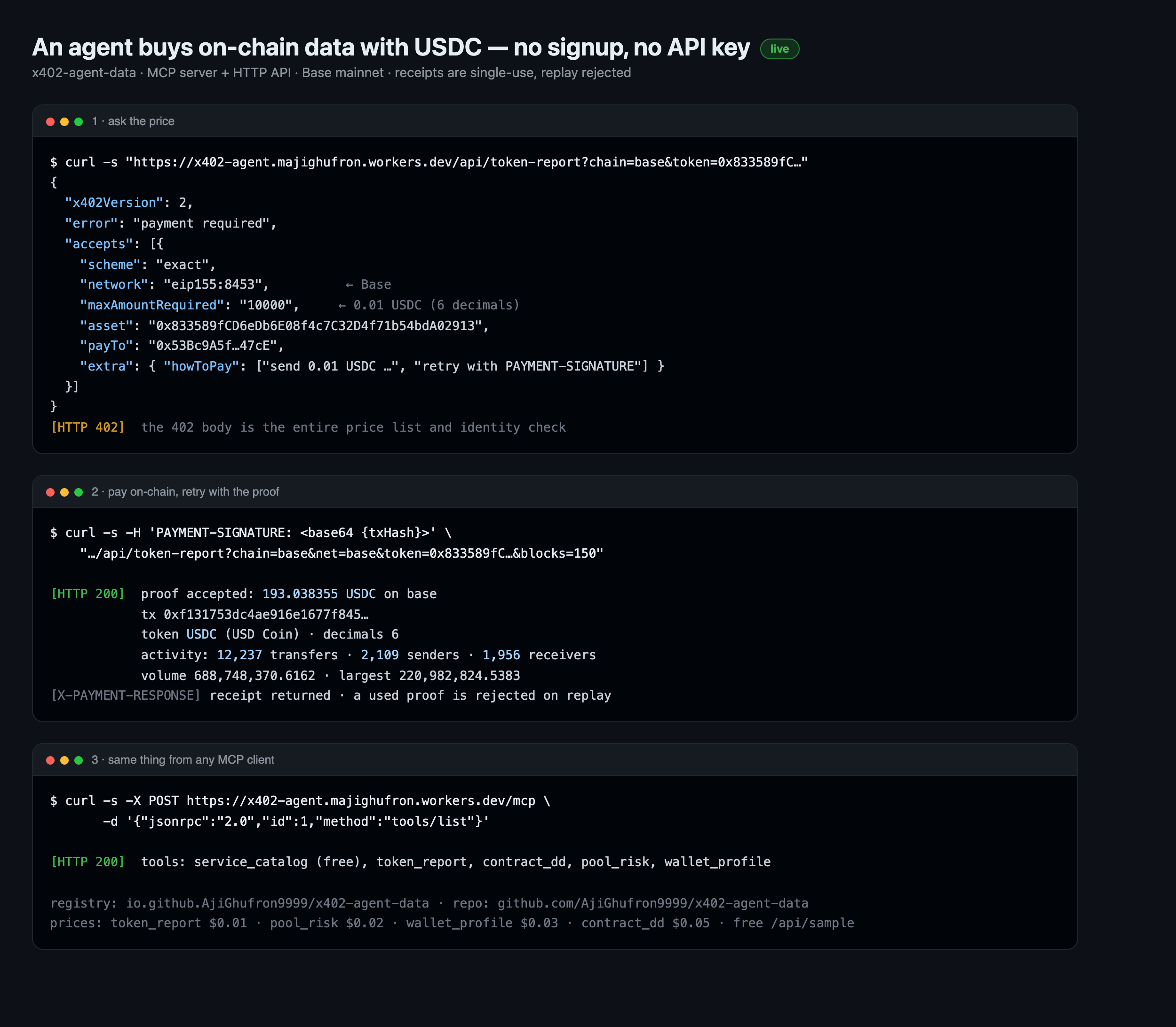 x402 flow: 402 challenge, paid call returning data, MCP tools list