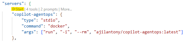 VS Code MCP panel showing the Copilot AgentOps server configuration