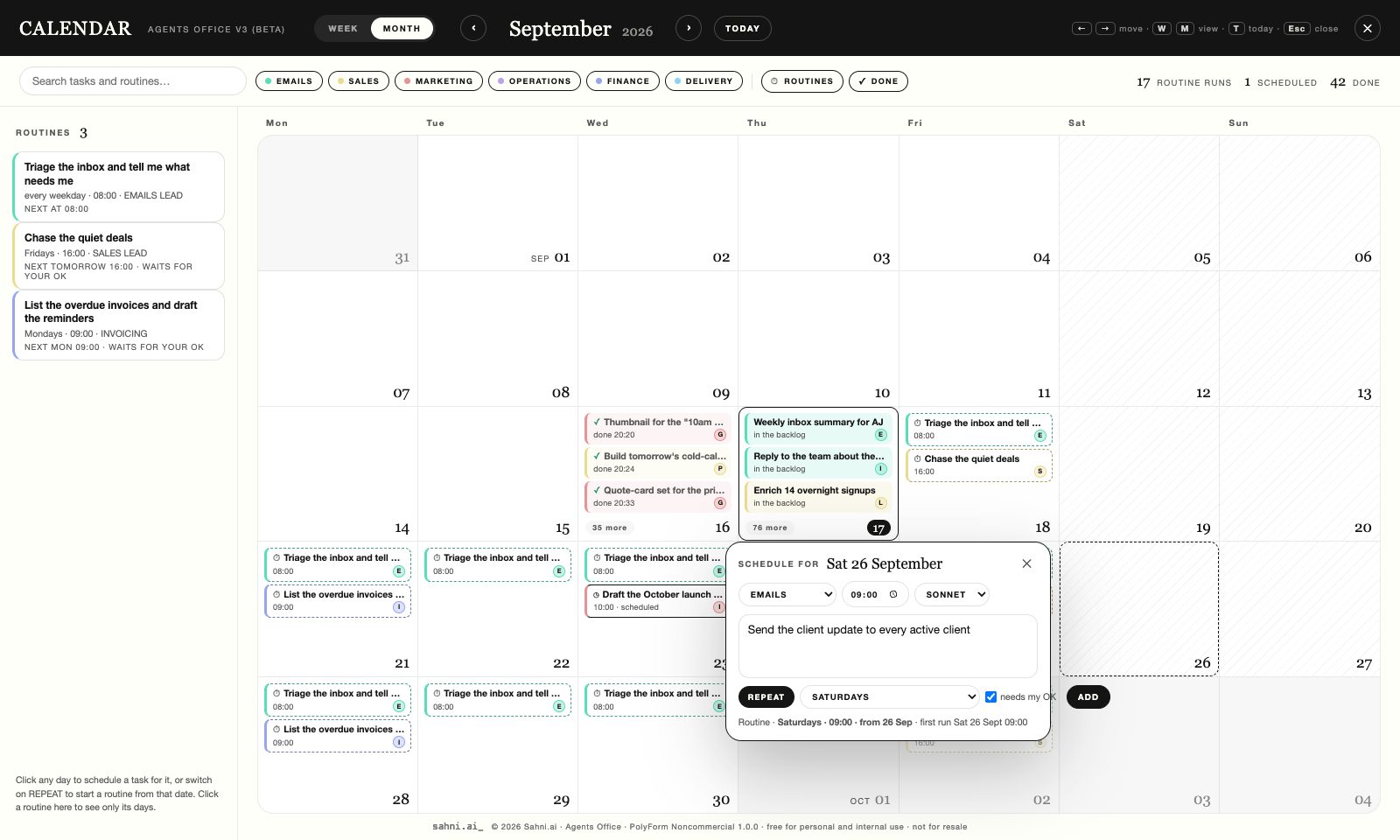 The calendar — tasks and routines on their days, a routine being scheduled from a date