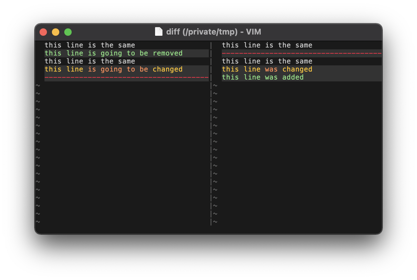 Screenshot showing all the different highlighting scenarios in diff mode.