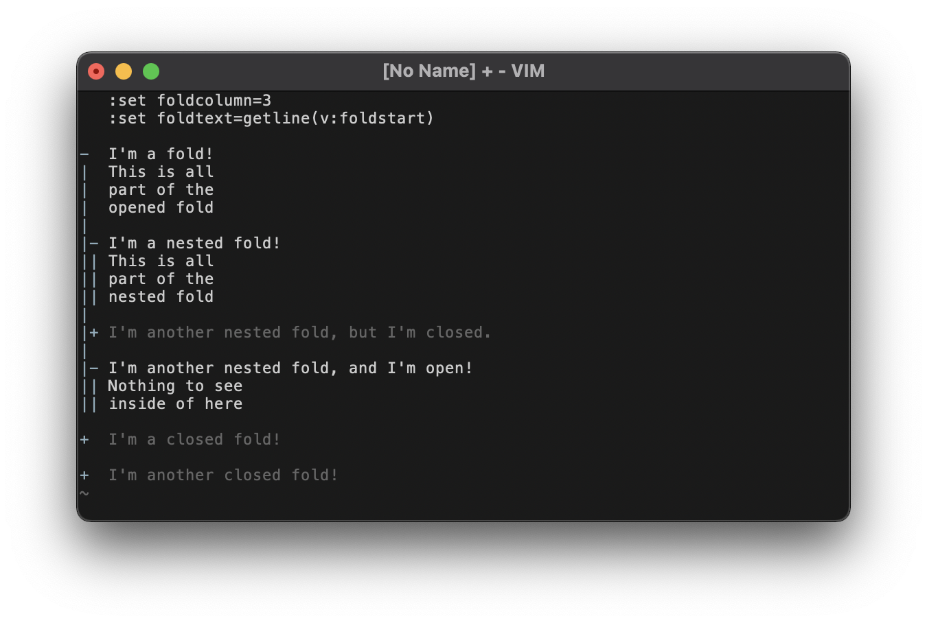 Screenshot of folds in various states with the fold column enabled for illustration.