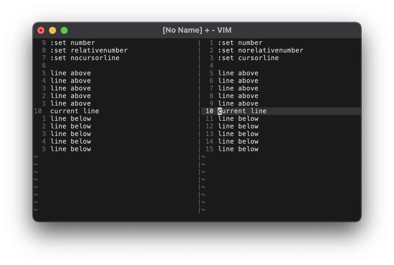 Screenshot of the line number gutter in two different configurations. On the left, absolute and relative numbers are enabled, but not the cursor line. On the right, only absolute numbers are enabled, but so is the cursor line.
