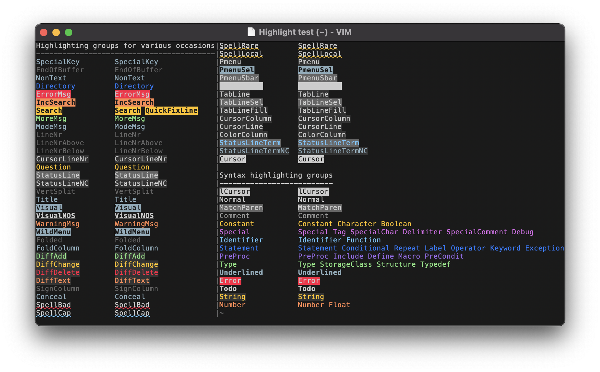 Screenshot of :source $VIMRUNTIME/syntax/hitest.vim using the vondark colorscheme