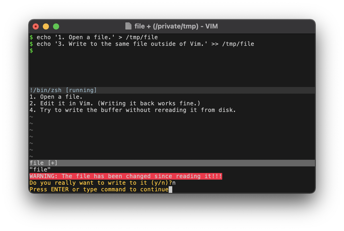 Screenshot showing an error when trying to write a buffer in Vim when the file's contents have changed on disk (without Vim rereading those contents back into the buffer). This triggers a yes/no prompt asking if we want to save the file anyway.